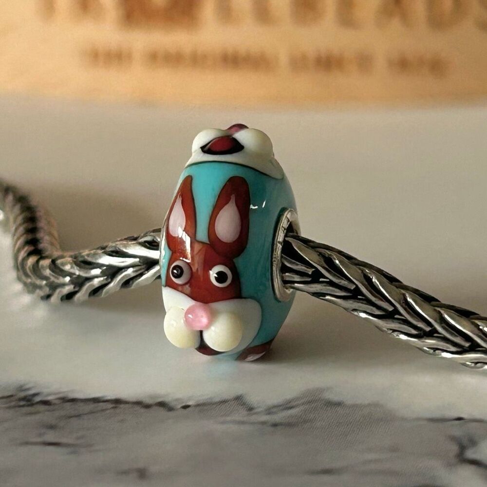 TROLLBEADS Event Bunny Critter Unique LAA 925 Textured Blue Brown White NEW